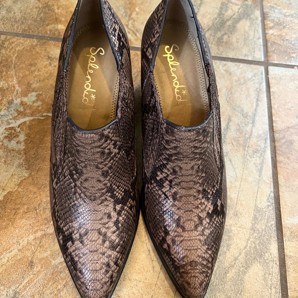 Splendid Leather snakeskin print booties.